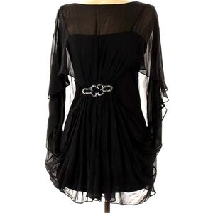 Teri Jon Rickie Freeman x Neiman Marcus Silk overlay mini dress 6 black